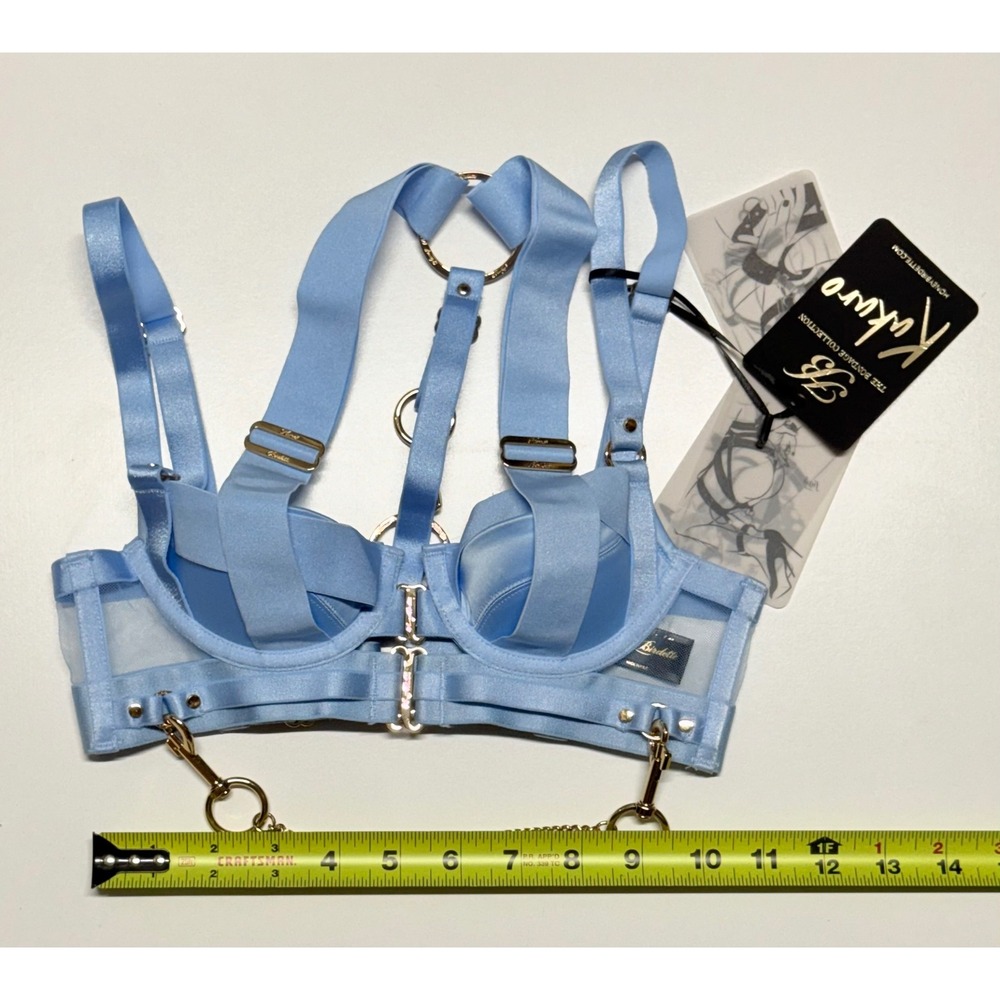 Honey Birdette Kukuro Bra Blue Strappy Bondage Underwire Mesh Gold Chain 30A